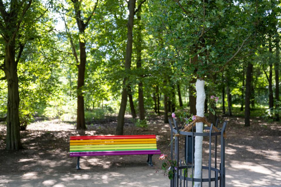 Zerstörung einer Regenbogenbank im Berliner Tiergarten